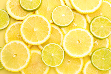 Fresh lime and lemon slices as background, top view