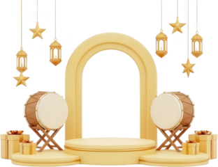 Golden 3D Islamic celebration stage with hanging lanterns stars drums and gift boxes perfect for Eid events ramadan podium arch display render greeting culture holiday transparent background