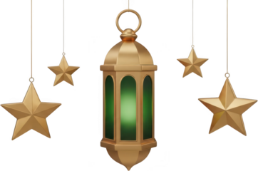 A detailed golden Islamic lantern glowing with green light hangs surrounded by hanging golden five point stars decorations ramadan eid oriental muslim celebration transparent background