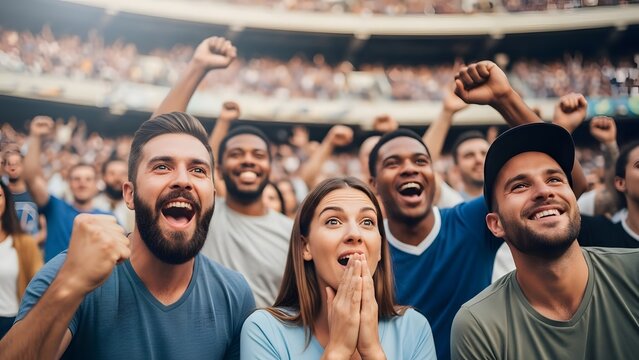 Enthusiastic crowd celebrating outdoors cheering and raising hands