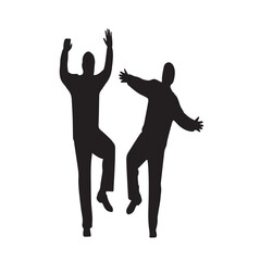 Fototapeta premium Cheerful male friends jumping silhouette. Celebration pose together. Successful men expressing happiness. Energetic motion vector illustration elements.
