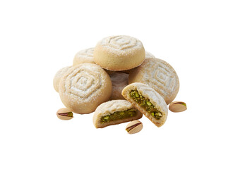 Isolated on a white background, these are Arabic pistachio maamoul cookies.


