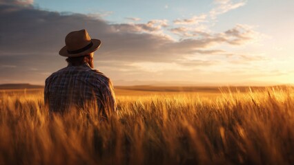 Farmer in Wheat Field at Sunset