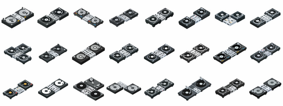 Collection of DJ Turntable and Mixer Isometric Icons. Vector set of professional music equipment for disc jockeys, isolated for design elements.