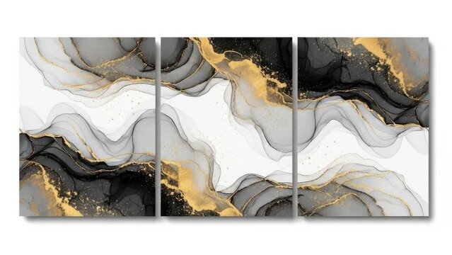 Luxurious triptych art featuring marble pattern and gold accents