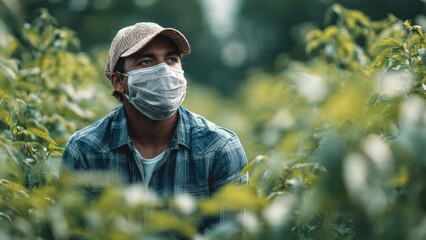 Farmer wearing mask amidst lush green plants