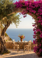 Naklejka premium Archway with bougainvillea overlooks the calm blue sea. Terrace with table and chairs. Mediterranean romantic journey concept.