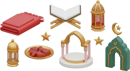 A 3D collection featuring Ramadan and Eid elements including a prayer rug holy book on stand lanterns dates and mosque arch decorations Islamic Muslim Quran crescent moon transparent background