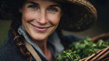 Smiling farmer with basket of greens