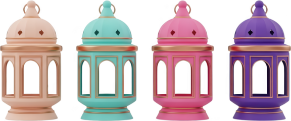 A row of four ornate colorful Ramadan style lanterns featuring arched openings and gold trim in pastel and vibrant hues Ramadan lantern Fanoos Islamic decoration transparent background