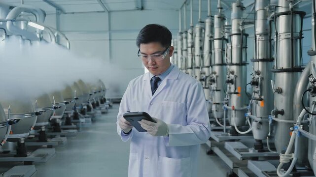 An Asian male technician in a white lab coat checks pH levels with a handheld probe in a central processing room. Tall bioreactors and vapor rise from vents in the background