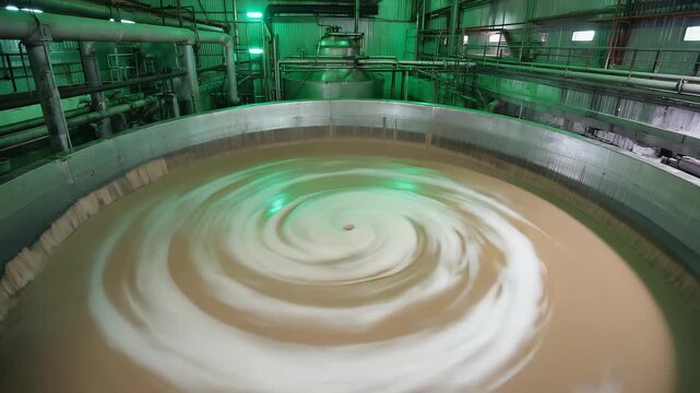 Thick liquid folds and stirs in a rotating drum. Overhead pipes connect to stainless tanks. Green safety lights reflect on the surfaces. The industrial setting shows a focused mixing process