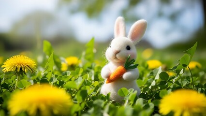 Fluffy White Bunny Holding a Carrot in a Field of Dandelions rabbit cute