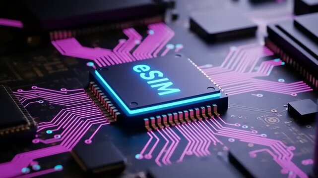 Futuristic eSIM Chip Glows on Circuit Board with Digital Connectivity Concept.