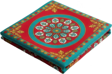 Richly patterned folded silk pocket square displaying ornate baroque floral design in red teal and gold tones textile fashion accessory luxury fabric print geometric transparent background