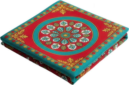 Richly patterned folded silk pocket square displaying ornate baroque floral design in red teal and gold tones textile fashion accessory luxury fabric print geometric transparent background - Powered by Adobe