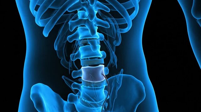 3D medical render of lumbar disc herniation and nerve compression