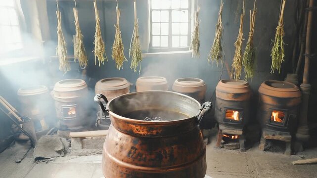 Herbal decoction simmers in a copper pot as steam rises gently. Clay stoves provide heat in an ayurvedic kitchen filled with hanging bundles of dried plants