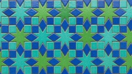 Seamless moroccan-inspired geometric tile pattern featuring glossy blue and green star and diamond shapes