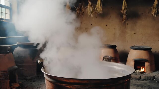 Herbal decoction boils in a copper pot. Steam rises in soft curls as the liquid darkens. The kitchen features clay stoves and bundles of dried plants hanging from the ceiling