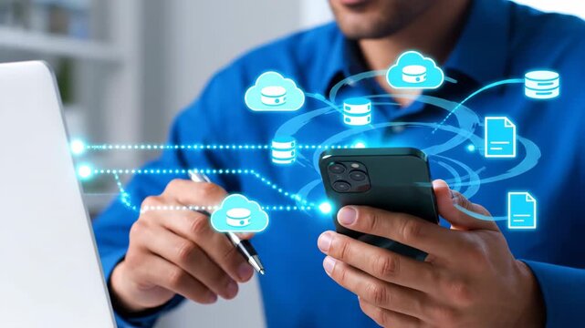 Man in blue shirt holding smartphone with digital connections and data icons.
