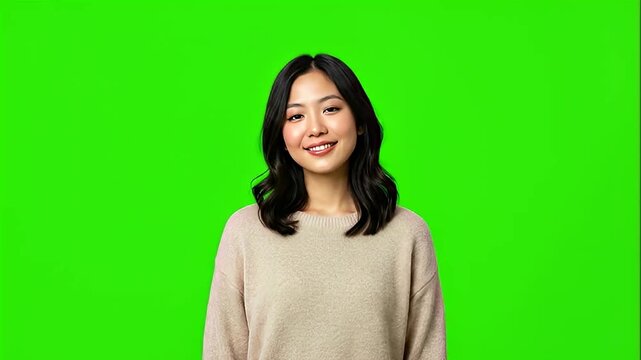 Smiling young Asian woman looking at camera on greenscreen background. Confident female for chroma key composite footage.
