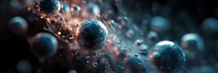 Abstract Microscopic Visualization of Molecular Structures with Glowing Blue and Gold Nodes