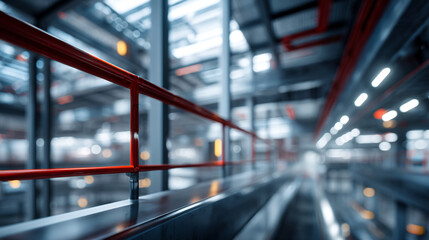 Modern Industrial Facility Interior with Red Railing and Blurred Technological Machinery