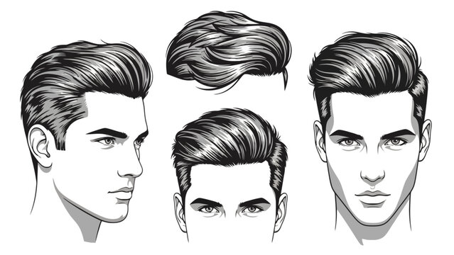 Illustrations of a man's hairstyle from different angles, showcasing a classic pompadour with volume and slicked-back sides.