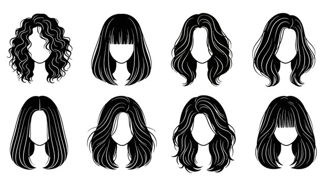 A collection of eight diverse black and white illustrations showcasing various hairstyles for women, including curly, straight, and wavy looks.