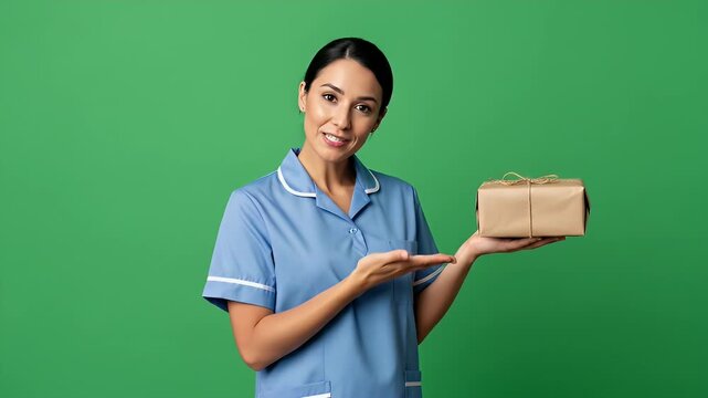 Woman in blue uniform holding a gift box on a green background.
