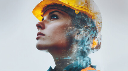 Portrait of Determined Female Architect Overlaid with Modern City Architecture and Lights