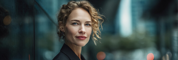 Confident professional businesswoman with wavy hair posing in a modern office lobby