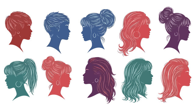Collection of ten diverse female head silhouettes in profile, showcasing various hairstyles and hair lengths, rendered in multiple vibrant colors.