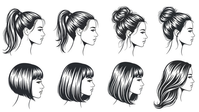 Eight different women's hairstyles illustrated in profile view, showcasing various lengths and updos.