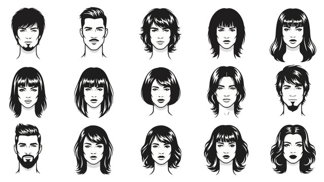 Collection of diverse male and female headshots with various hairstyles and facial hair in a monochrome vector illustration style.