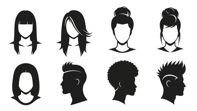 Collection of diverse male and female head silhouettes showcasing various modern hairstyles and haircuts.