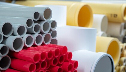 An assortment of stacked cylindrical objects in white, red, yellow, and black arranged on a white surface in a disorganized manner