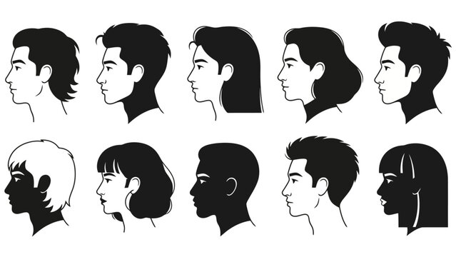 Collection of diverse male and female profile illustrations showcasing various hairstyles and facial features in a clean, graphic style.