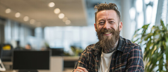 Laughing man with a long beard and tattoos wearing a plaid shirt in a bright office space