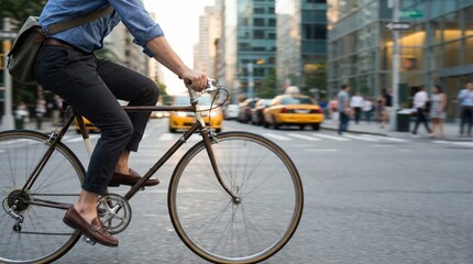 Obraz premium Man commuting on a vintage bicycle through busy city streets