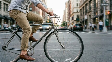 Fototapeta premium Man Riding Vintage Bicycle in Busy Urban City Traffic