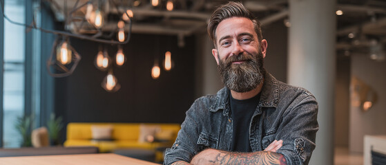 Confident bearded man with tattoos in a denim shirt posing in a trendy industrial office