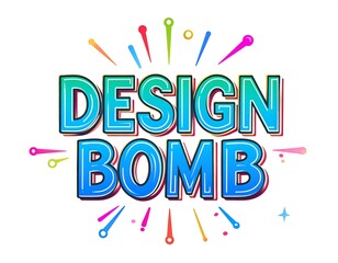 Colorful "DESIGN BOMB" text with burst effect and shadow against white