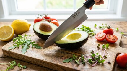 Slicing Fresh Avocado with Japanese Chef Knife on Wooden Board