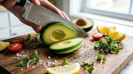 Slicing Fresh Avocado on a Wooden Cutting Board with Vegetables