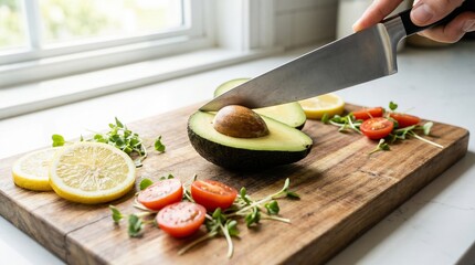 Chef's Knife Cutting Fresh Avocado on Wooden Board