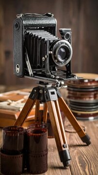Antique folding camera with bellows and wooden tripod alongside film rolls and photo albums on wooden table
