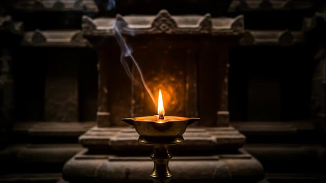 Ethereal Flame and Smoke Traditional Oil Lamp in Temple Setting for Varuthini Ekadashi and Maha Shivaratri Celebrations