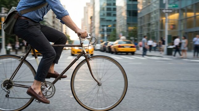 Businessman commuting on bicycle in busy city street
